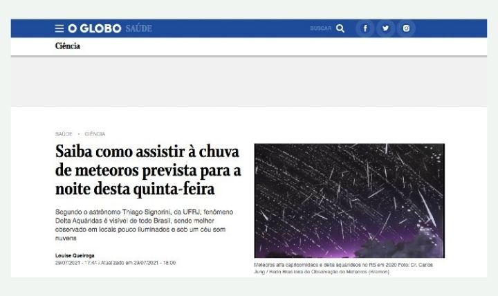 Matéria no jornal O Globo sobre chuva de meteoros